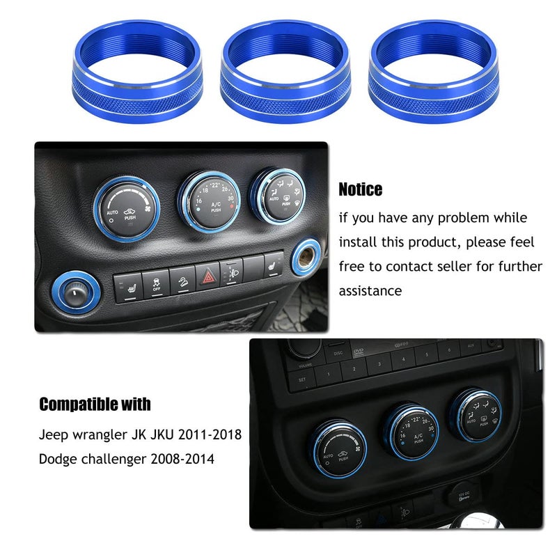 EBAIFUN Blue Auto Air Conditioner AC Climate Control Knob Button Cover Twist Switch Decal Trim Aluminum Ring Accessories Compatible with Jeep Wrangler JK JKU 2011-2018 and Dodge Challenger 2008-2014 - Image 2
